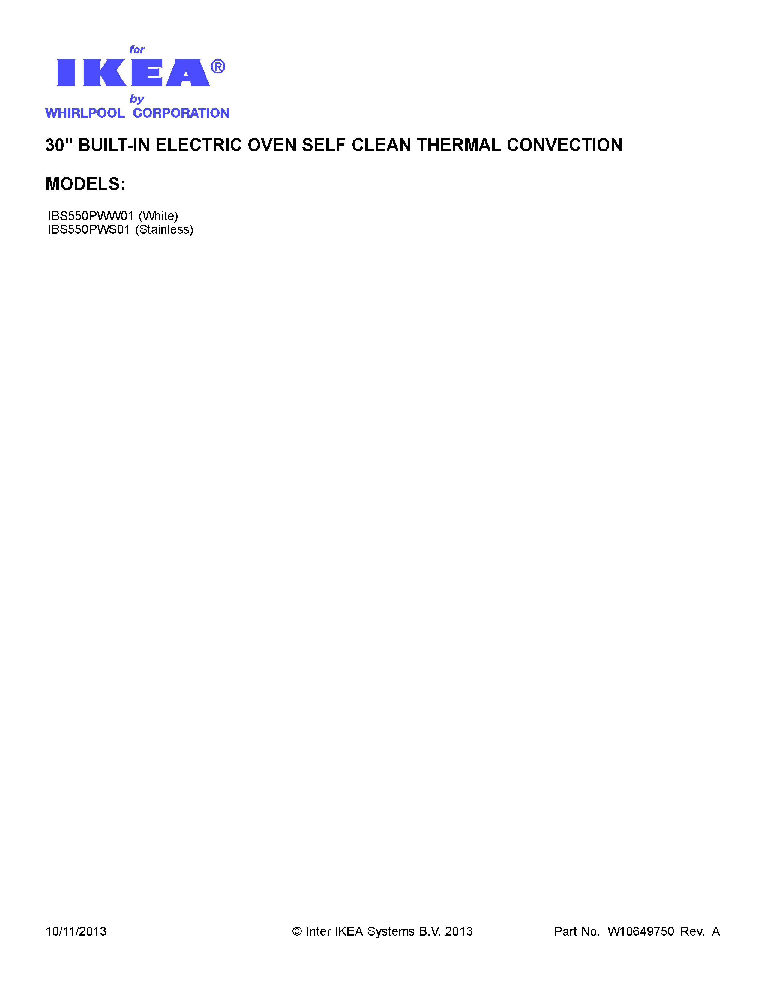Cover Sheet Diagram and Parts List for IBS550PWW01  Whirlpool Wall Oven