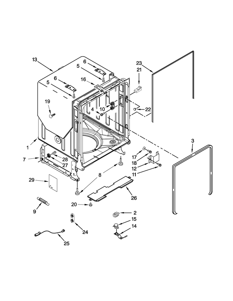 Tub And Frame Parts Diagram and Parts List for 7WDT790SAYM3  Whirlpool Dishwasher
