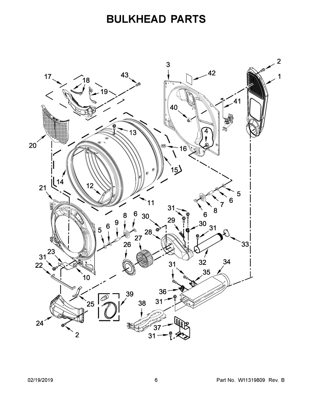 Bulkhead Parts Diagram and Parts List for WED6620HC0  Whirlpool Dryer