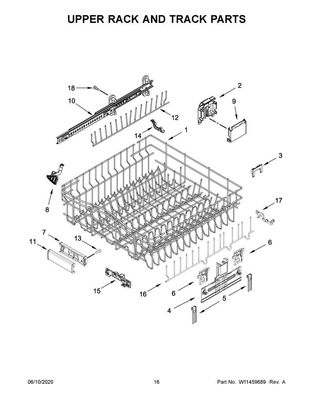 Upper Rack And Track Parts Diagram and Parts List for KDTE304GPS1  Whirlpool Dishwasher