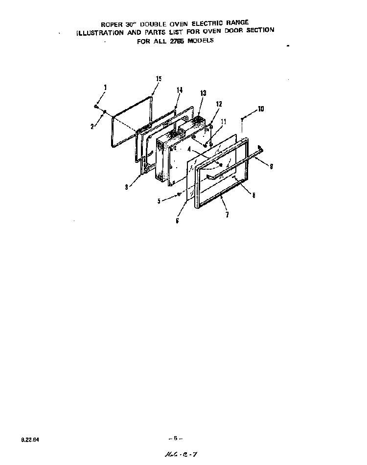 Oven Door Diagram and Parts List for 2765*0A  Roper Range
