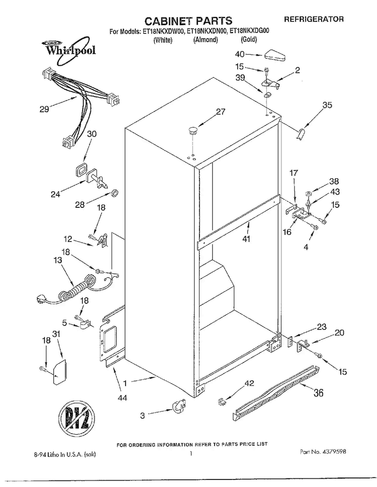 Cabinet Parts Diagram and Parts List for ET18NKDG00  Whirlpool Refrigerator