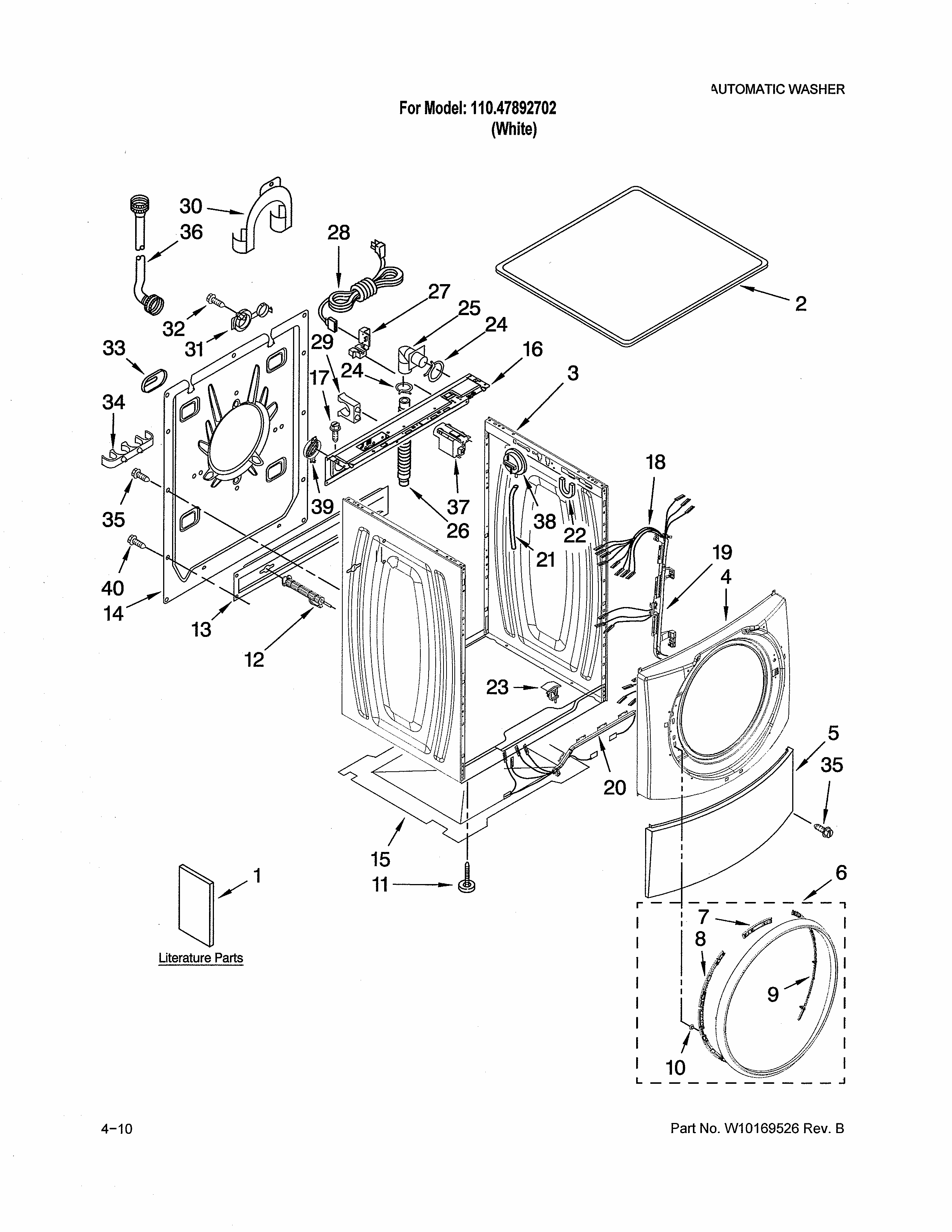 Top & Cabinet Diagram and Parts List for 11047892702  Kenmore Washer