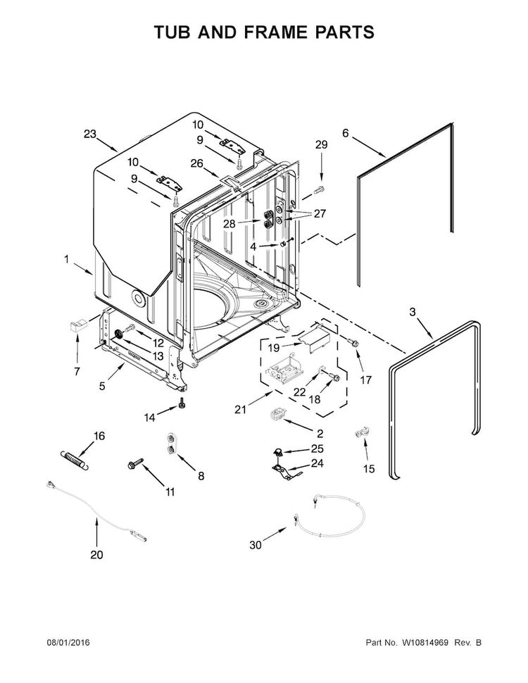 Tub And Frame Parts Diagram and Parts List for WDT780SAEM1  Whirlpool Dishwasher
