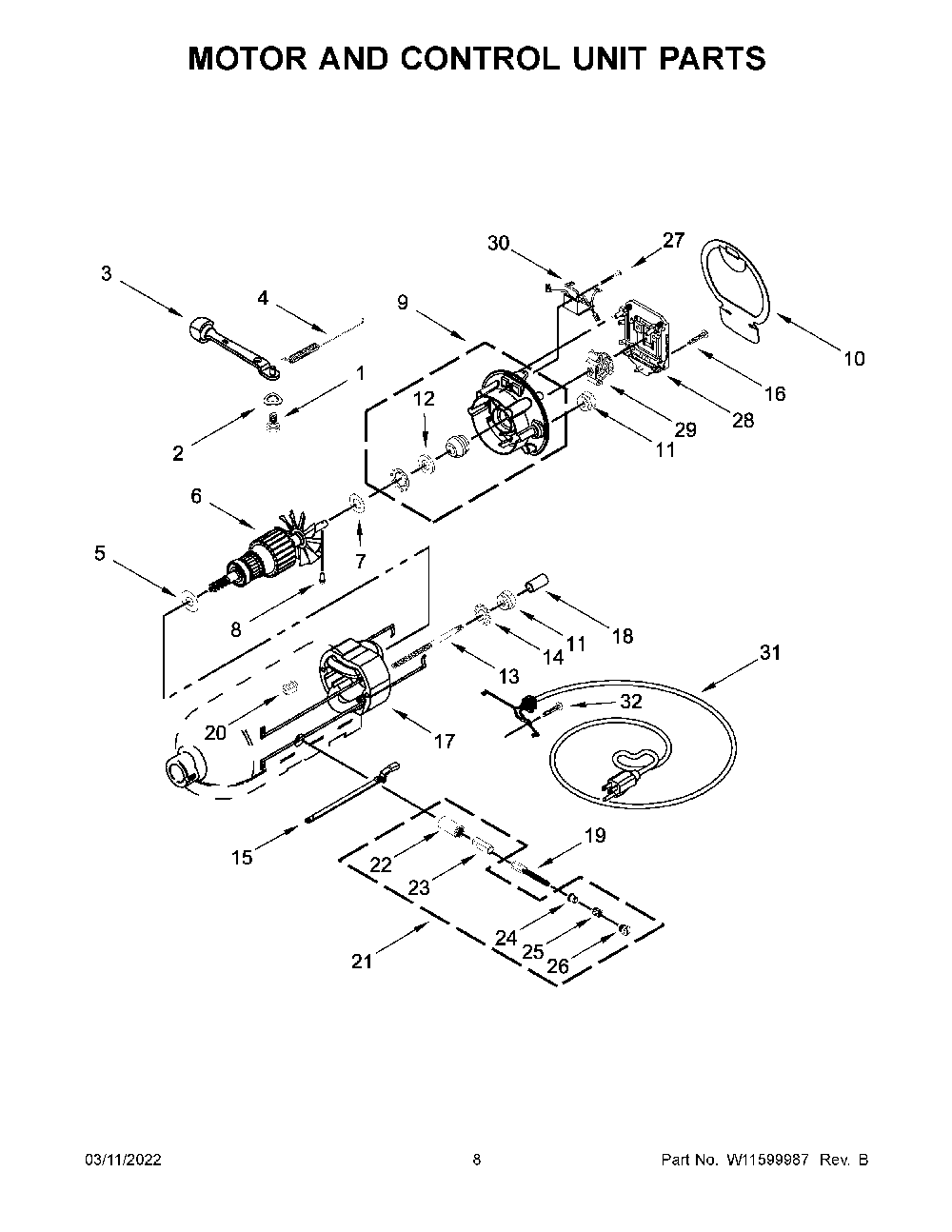 Motor And Control Unit Parts Diagram and Parts List for 5KSM192XDABK0  KitchenAid Mixer