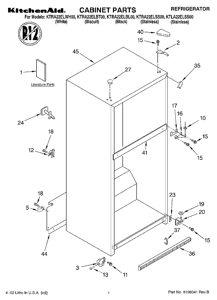 CABINET, LITERATURE Diagram and Parts List for KTRA22ELSS00  KitchenAid Refrigerator