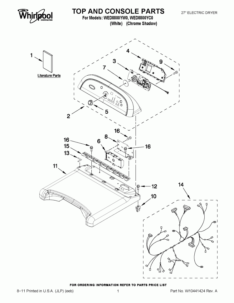 TOP AND CONSOLE PARTS Diagram and Parts List for WED8800YW0  Whirlpool Dryer