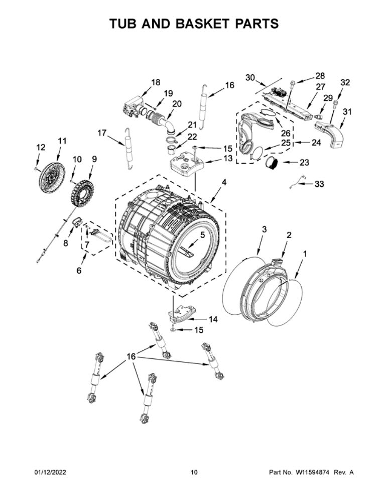 Tub And Basket Parts Diagram and Parts List for 8TWFC6820LC0  Whirlpool Washer Dryer Combo