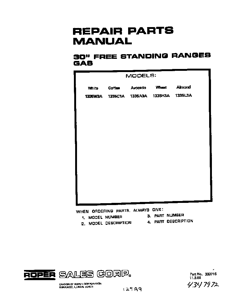 Cover Page-text Only Diagram and Parts List for 1335*3A  Roper Range