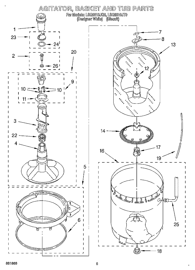 AGITATOR, BASKET, AND TUB Diagram and Parts List for LSQ9610JT0  Whirlpool Washer