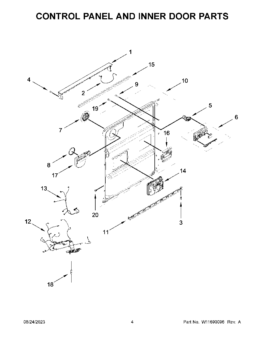 Control Panel And Inner Door Parts Diagram and Parts List for KDFE105PPS0  KitchenAid Dishwasher