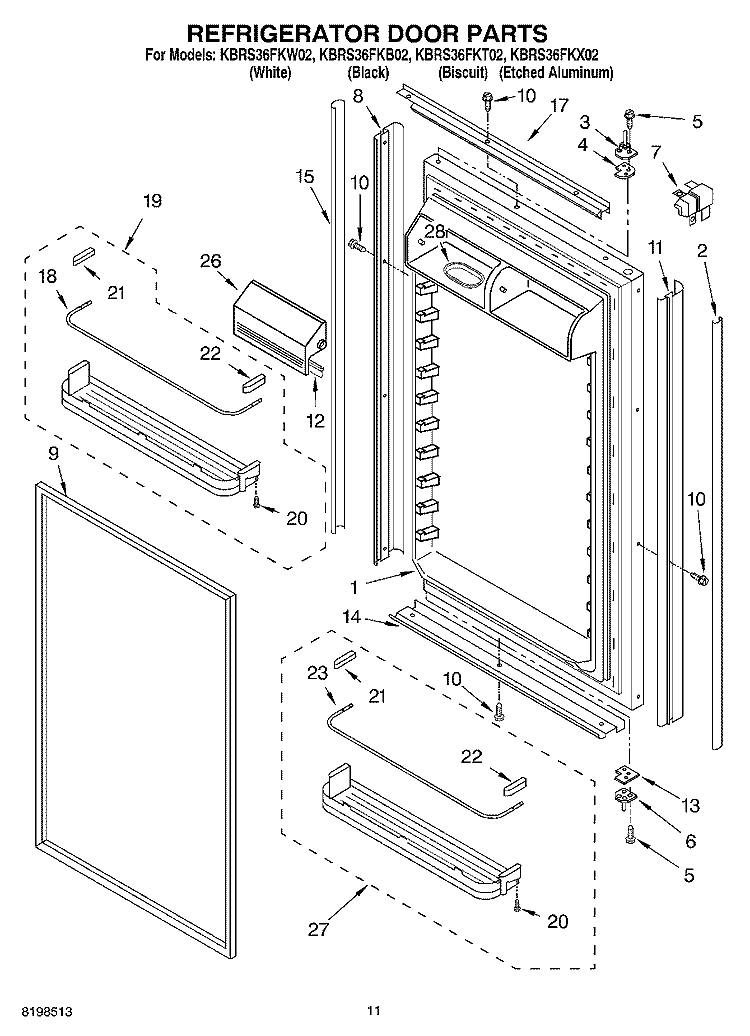 REFRIGERATOR DOOR PARTS Diagram and Parts List for KBRS36FKX02  KitchenAid Refrigerator