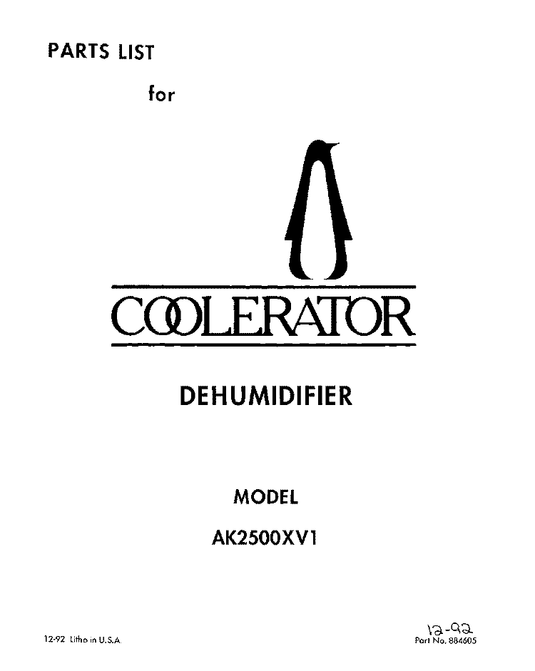 SECTION Diagram and Parts List for AK2500XV1  Whirlpool Dehumidifier