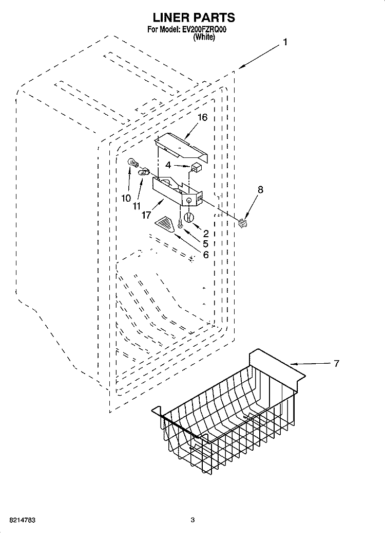 LINER PARTS Diagram and Parts List for EV200FZRQ00  Whirlpool Freezer