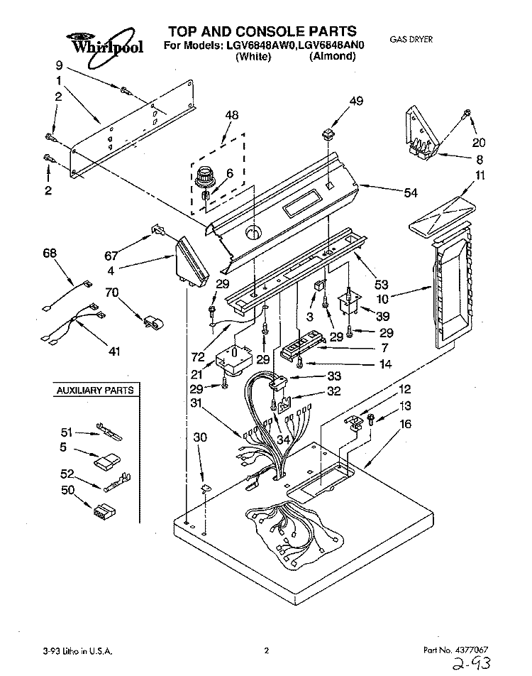 TOP AND CONSOLE, LIT/OPTIONAL Diagram and Parts List for LGV6848AN0  Whirlpool Dryer