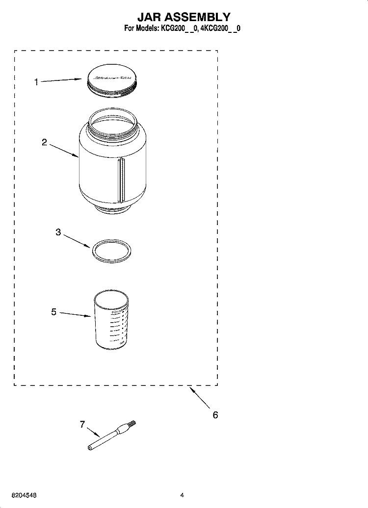 JAR ASSEMBLY Diagram and Parts List for KCG200ER0  KitchenAid Coffee Grinder