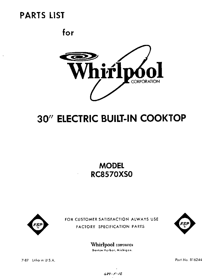 SECTION Diagram and Parts List for RC8570XS0  Whirlpool Cooktop