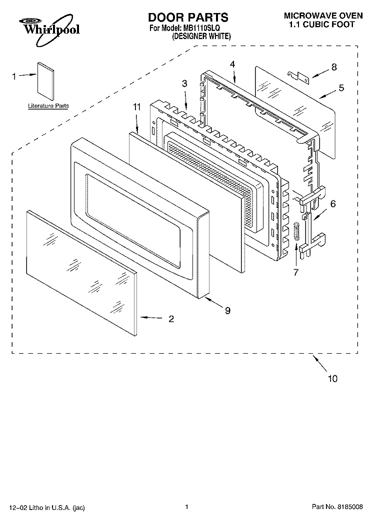 DOOR PARTS Diagram and Parts List for MB1110SLQ  Whirlpool Microwave