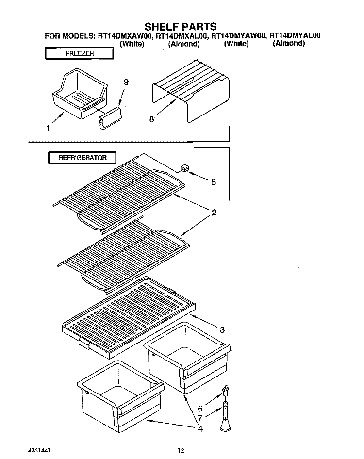 SHELF Diagram and Parts List for RT14DMYAW00  Roper Refrigerator