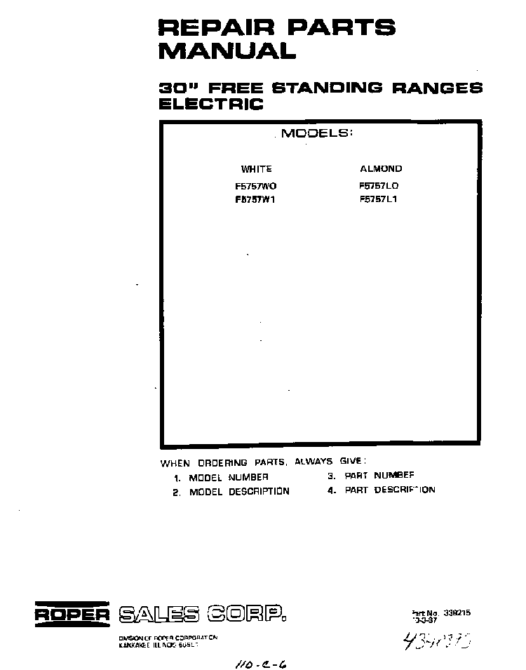 Cover Page Diagram and Parts List for F5757*0  Roper Range
