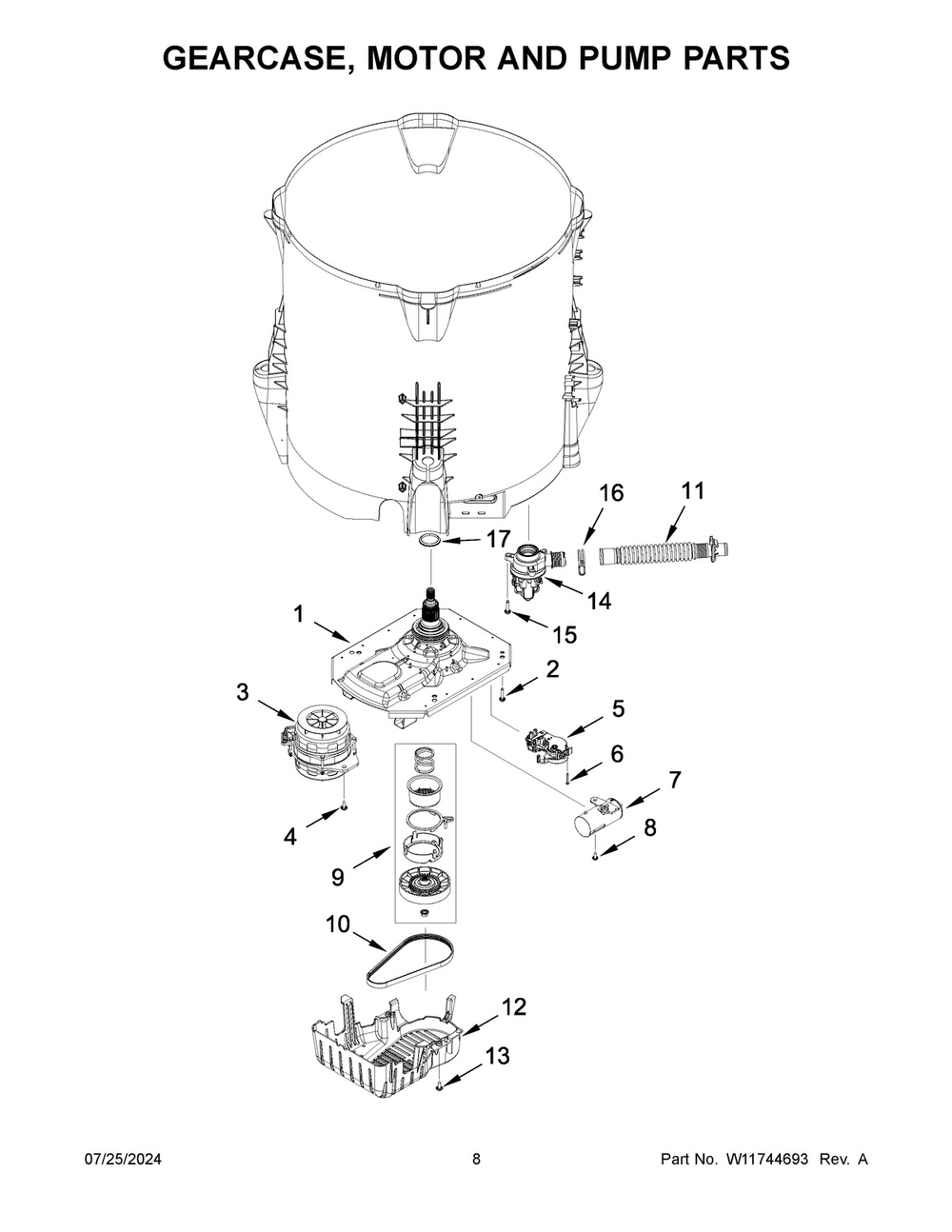 05 - Gearcase, Motor And Pump Parts Diagram and Parts List for WTW5057LW1  Whirlpool Washer