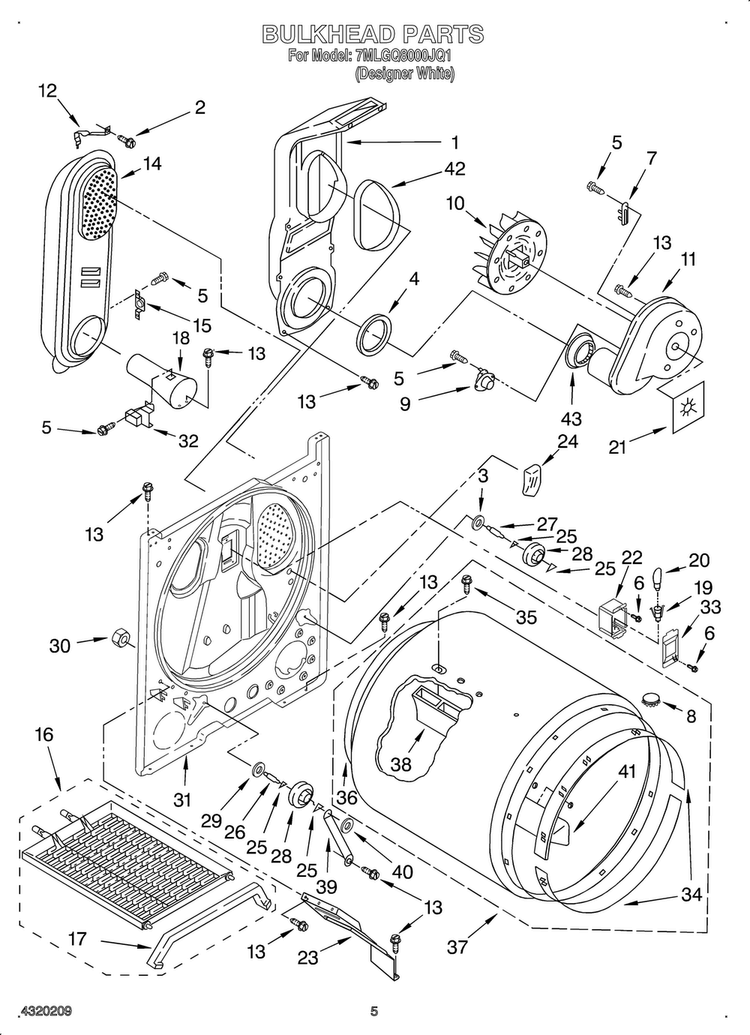Bulkhead Diagram and Parts List for OEM3-7MLGQ8000JQ1  Whirlpool Dryer