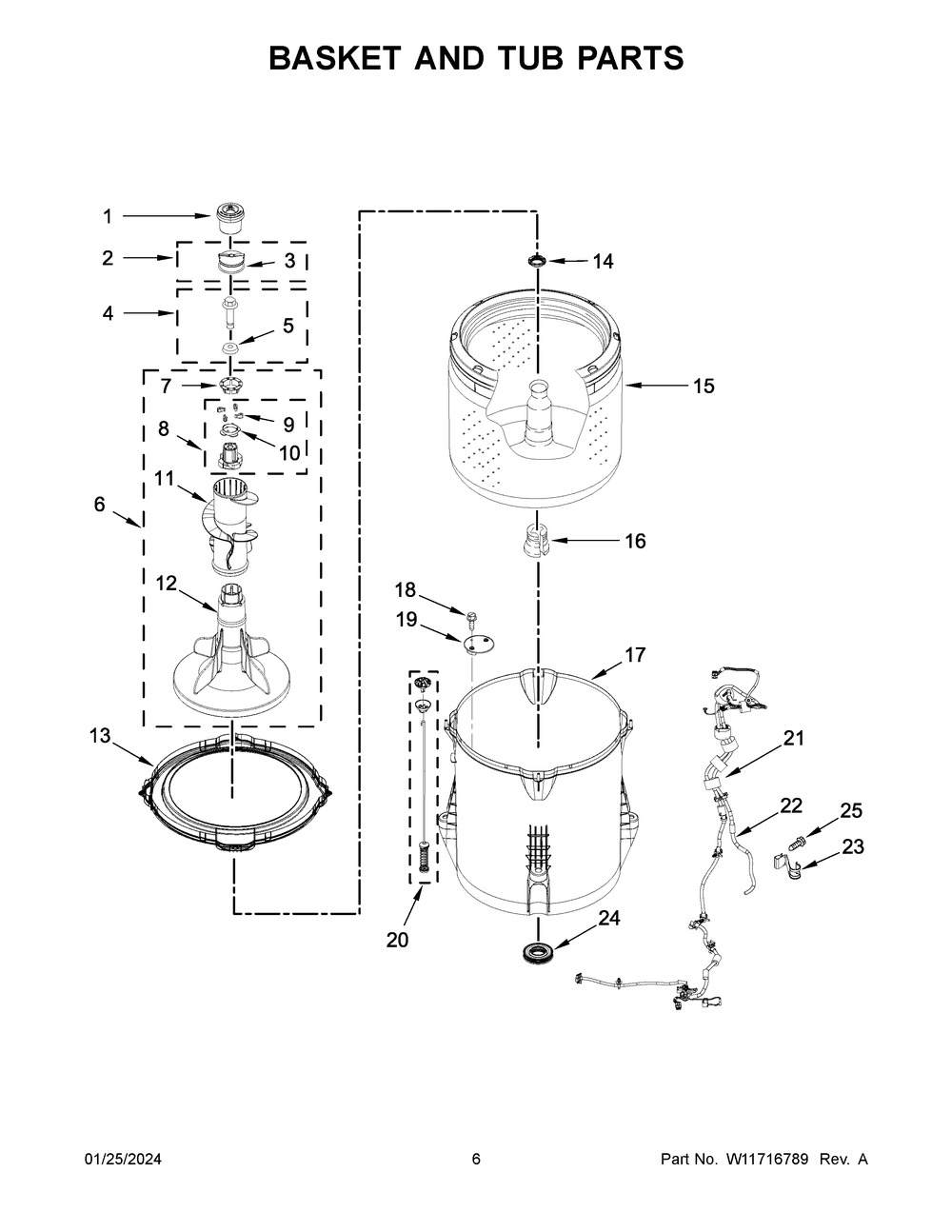 Basket And Tub Parts Diagram and Parts List for 1CWTW4845EW3  Whirlpool Washer