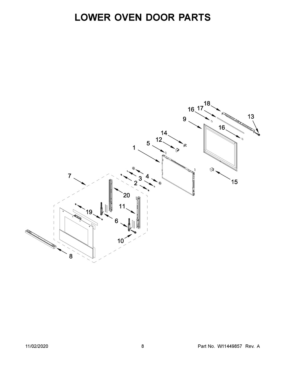 Lower Oven Door Parts Diagram and Parts List for JJW2827IM01  Whirlpool Wall Oven
