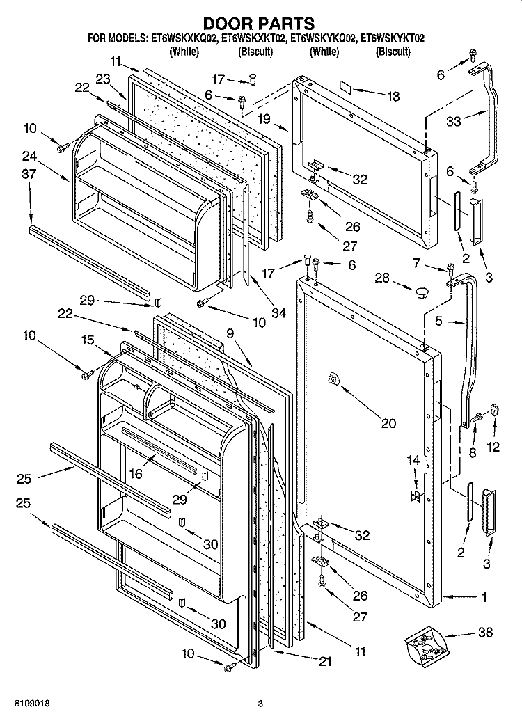 DOOR PARTS Diagram and Parts List for ET6WSKYKQ02  Whirlpool Refrigerator