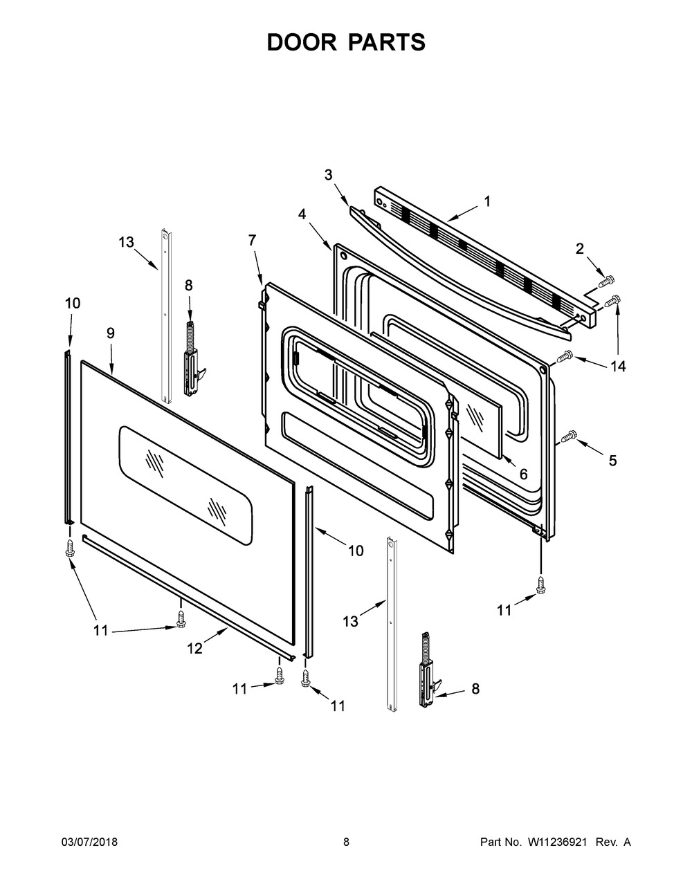 Door Parts Diagram and Parts List for IES350XW5  Whirlpool Range