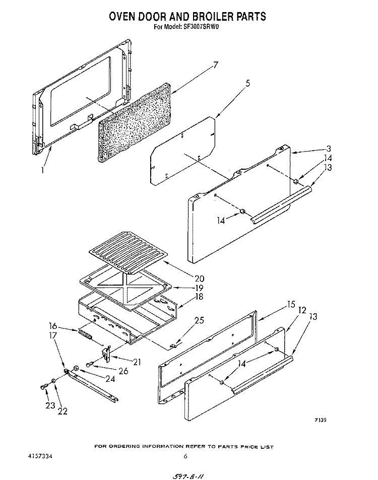 OVEN DOOR AND BROILER Diagram and Parts List for SF3007SRW0  Whirlpool Range