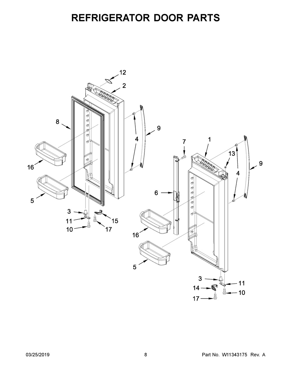 Refrigerator Door Parts Diagram and Parts List for WRF535SWHV01  Whirlpool Refrigerator