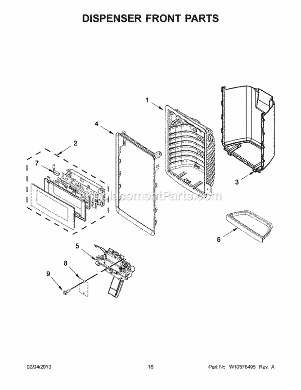 Dispenser Front Parts Diagram and Parts List for WRF736SDAB10  Whirlpool Refrigerator
