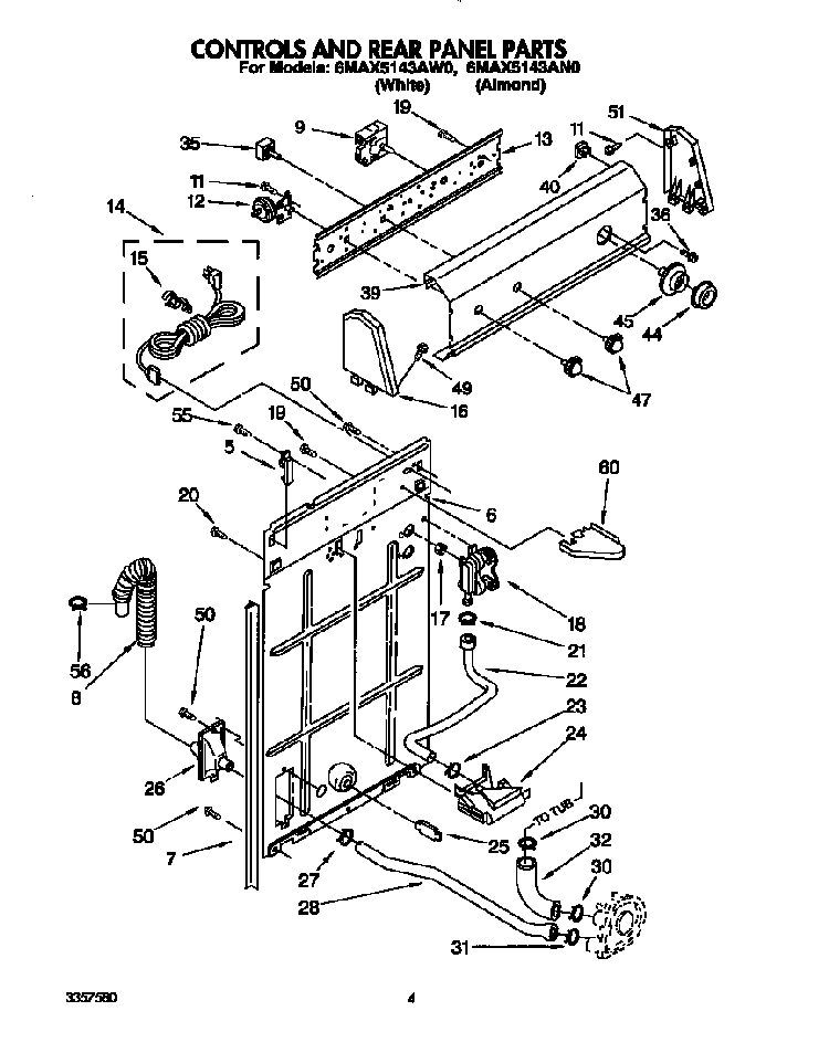 Controls And Rear Panel Diagram and Parts List for 6MAX5143AN0  Whirlpool Washer