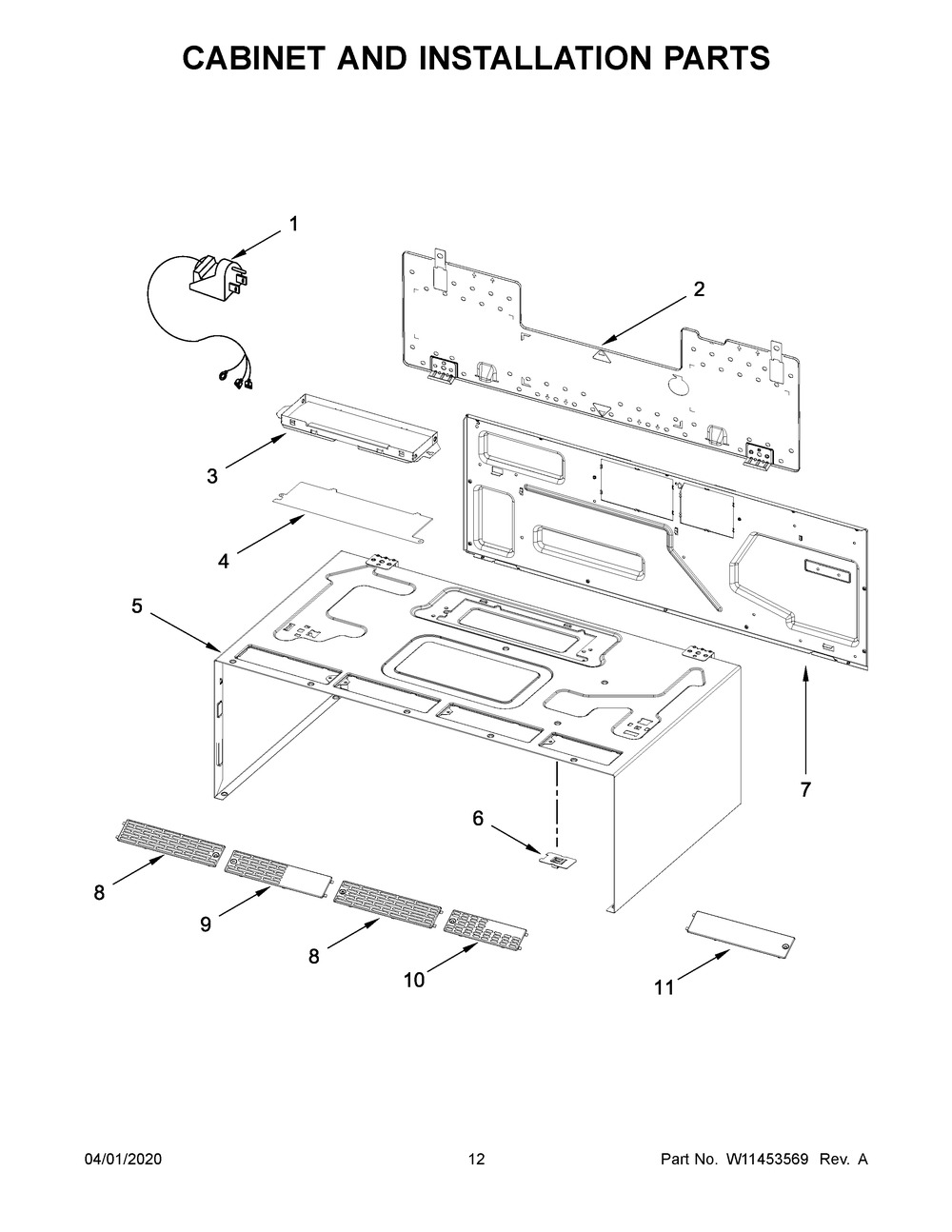 Cabinet And Installation Parts Diagram and Parts List for WML55011HB4  Whirlpool Microwave