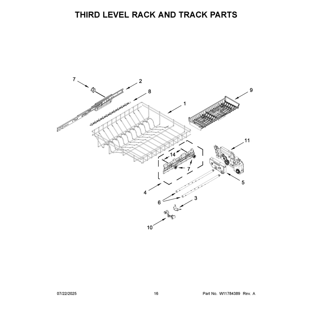 Third Level Rack And Track Parts Diagram and Parts List for KDTS724SJP0  KitchenAid Dishwasher