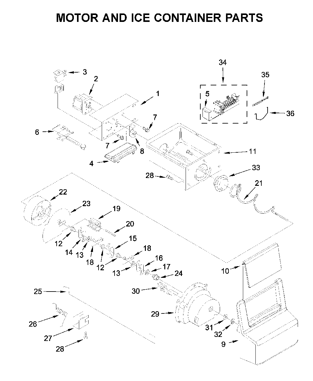 Motor and ice container parts Diagram and Parts List for 10651115711  Kenmore Refrigerator