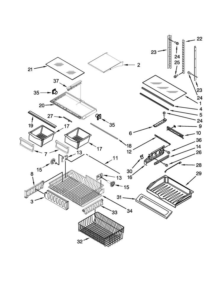 Shelf Parts Diagram and Parts List for 5GFB2558EA00  Whirlpool Refrigerator