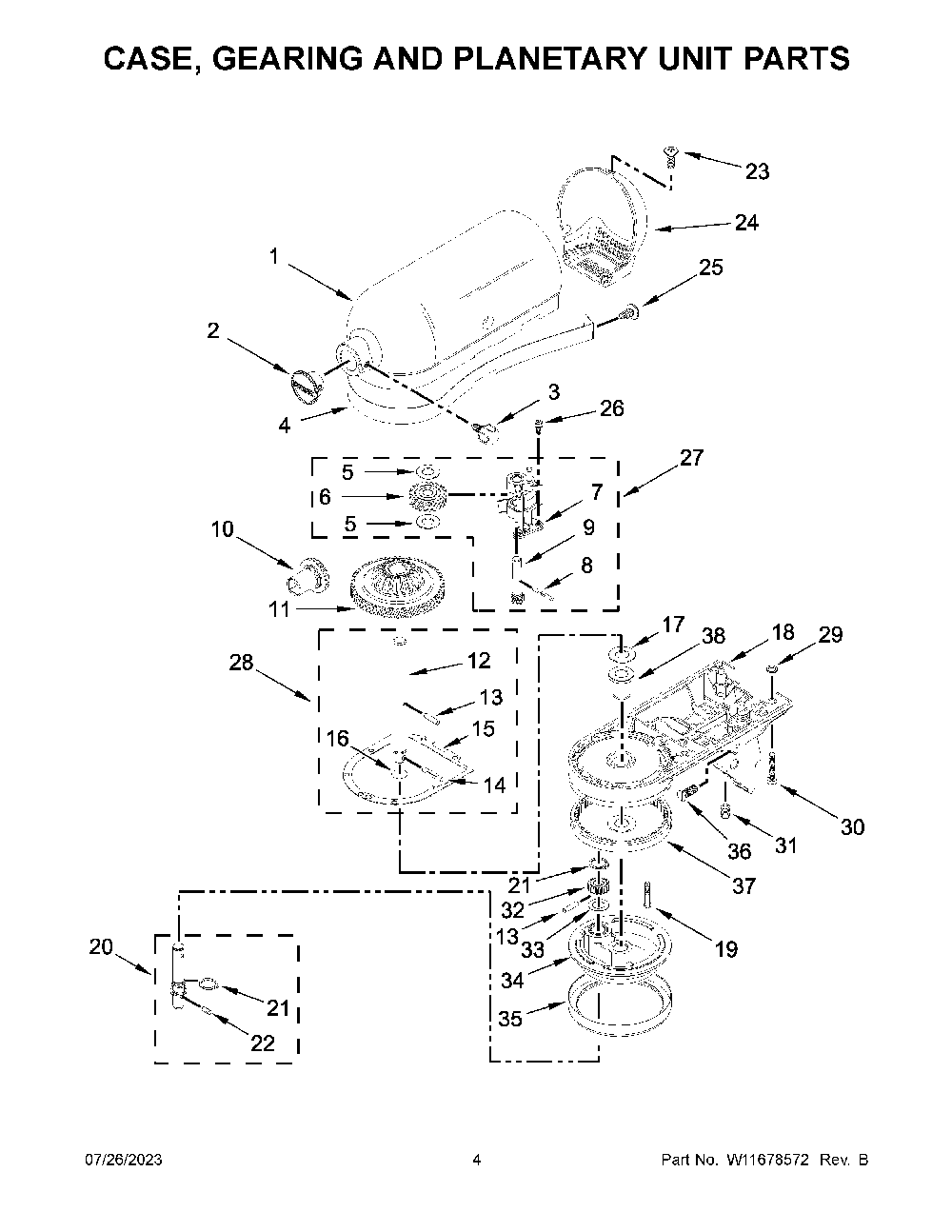 Case, Gearing And Planetary Unit Parts Diagram and Parts List for KSM154GBQ4GR5  KitchenAid Mixer