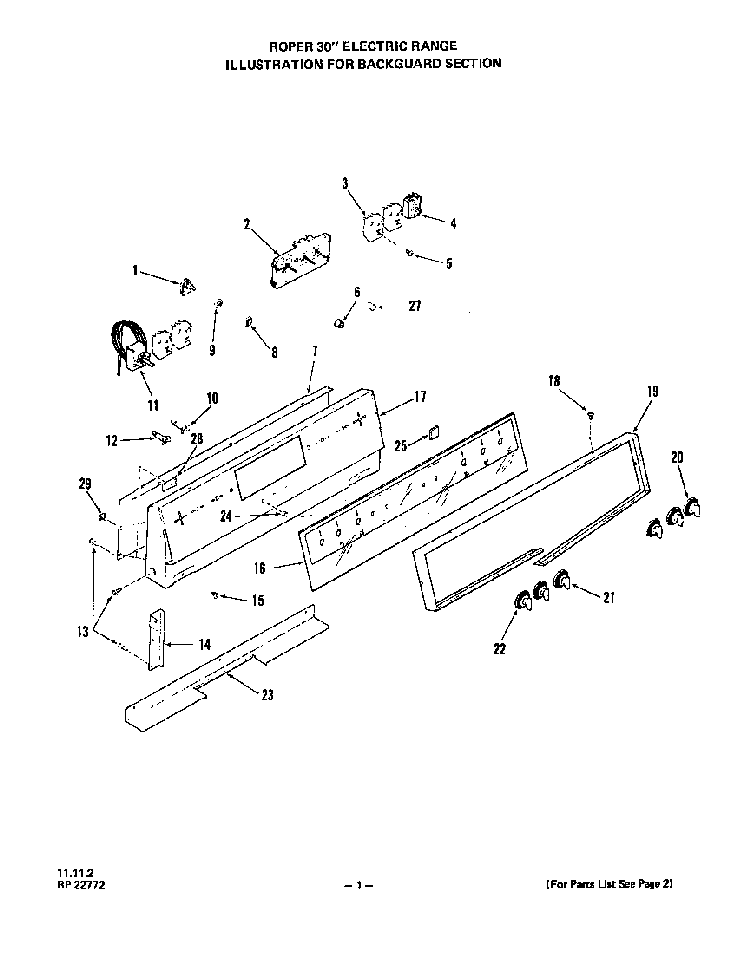 Backguard Diagram and Parts List for 2233*1A  Roper Range