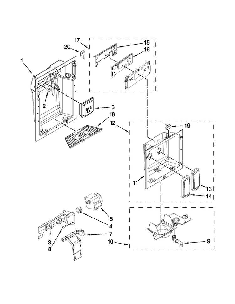 Dispenser Parts Diagram and Parts List for KSSC36QTS07  KitchenAid Refrigerator