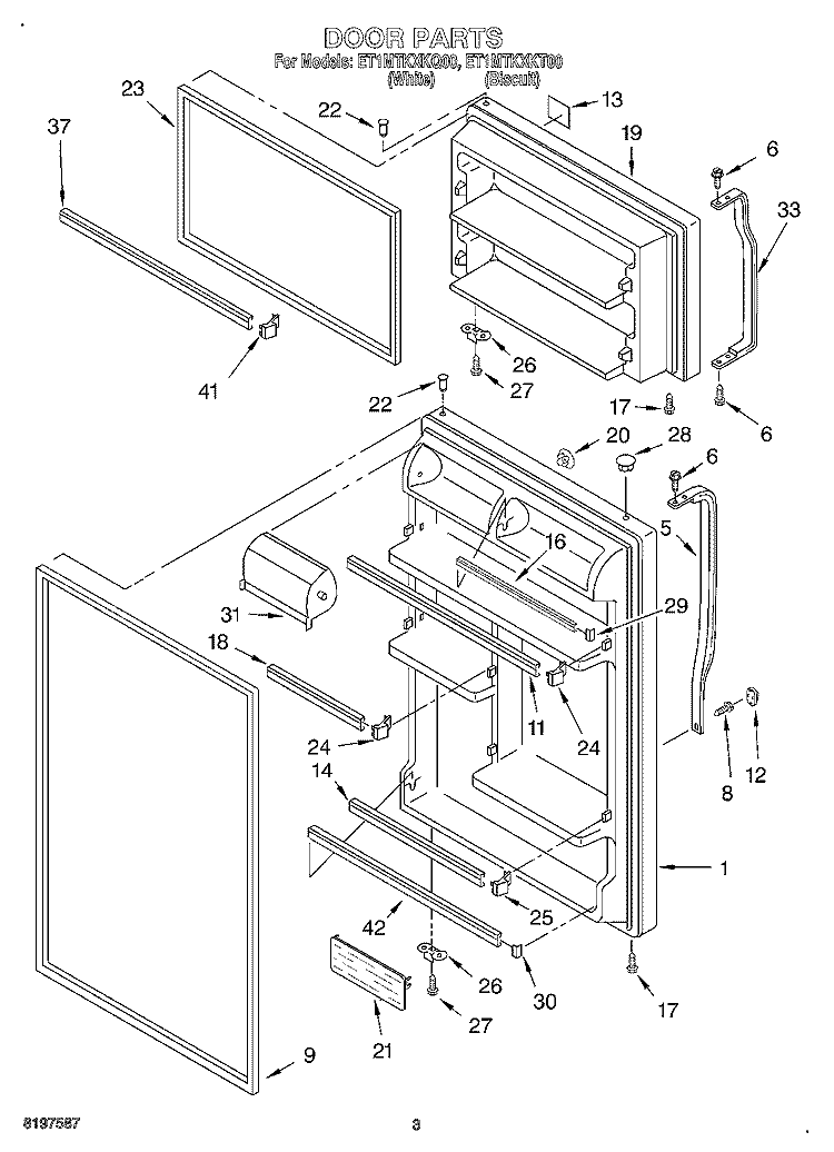 DOOR Diagram and Parts List for ET1MTKXKT00  Whirlpool Refrigerator