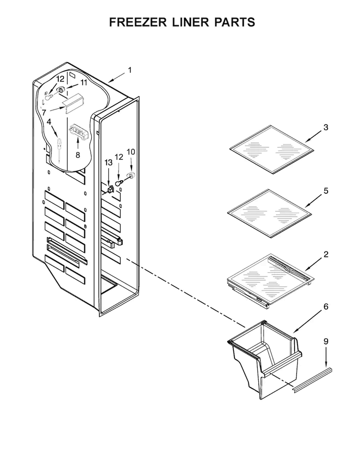 Freezer Liner Parts Diagram and Parts List for 10651789410  Kenmore Refrigerator