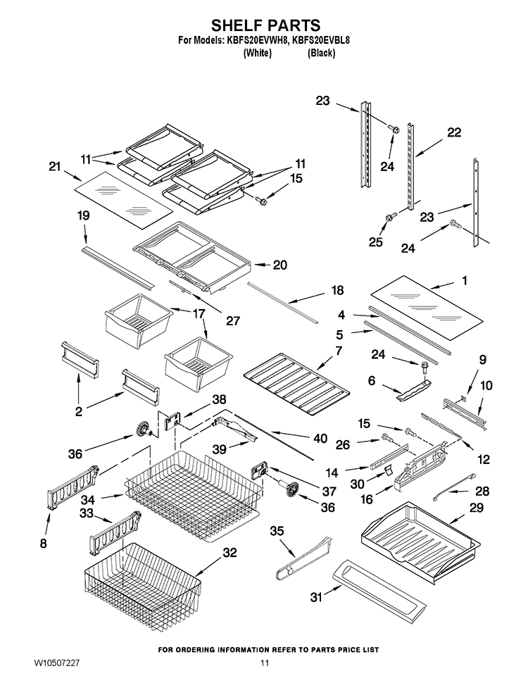 SHELF PARTS Diagram and Parts List for KBFS20EVBL8  KitchenAid Refrigerator