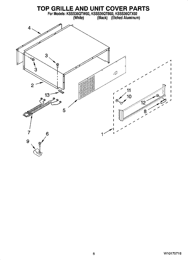 TOP GRILLE AND UNIT COVER PARTS Diagram and Parts List for KSSS36QTB02  KitchenAid Refrigerator