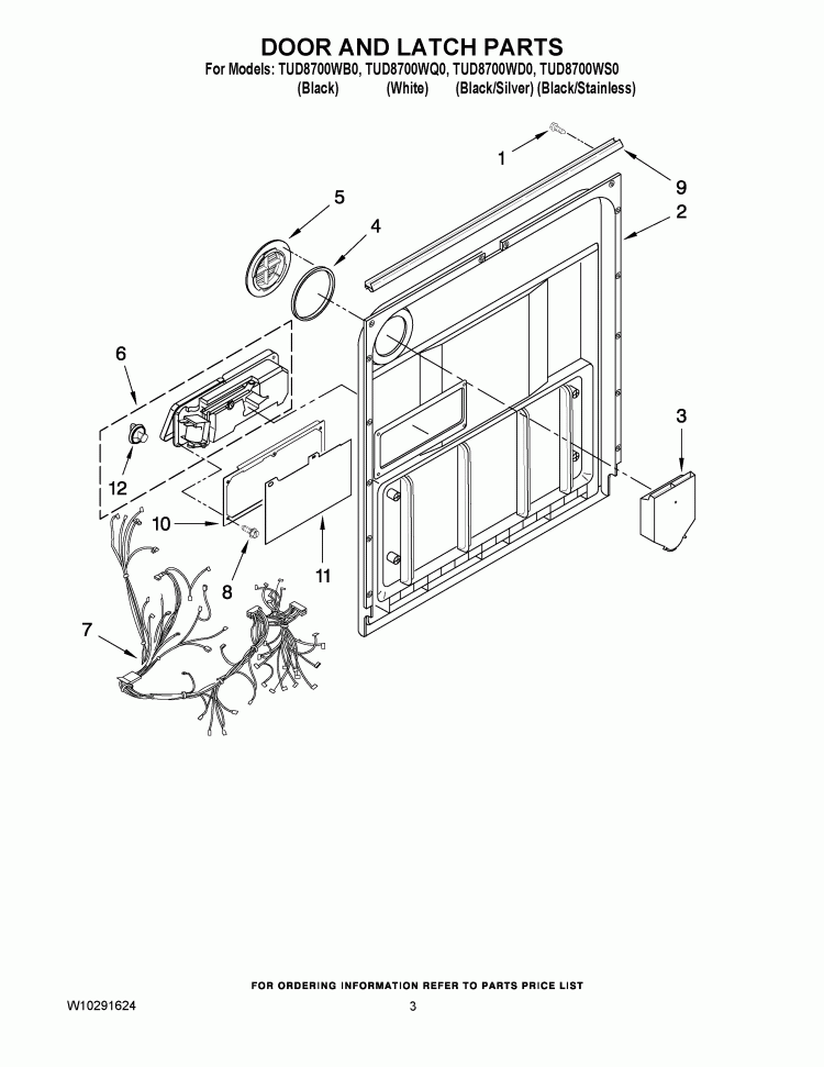 DOOR AND LATCH PARTS Diagram and Parts List for TUD8700WS0  Estate Dishwasher