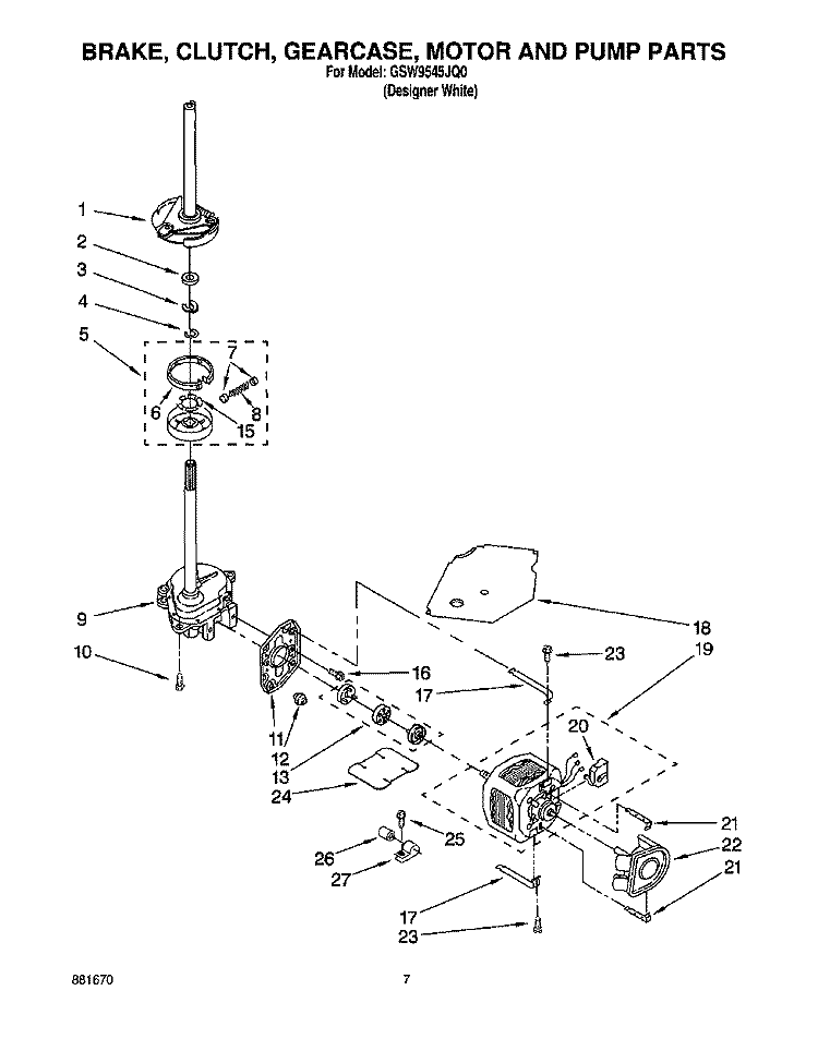 BRAKE, CLUTCH, GEARCASE, MOTOR AND PUMP Diagram and Parts List for GSW9545JQ0  Whirlpool Washer