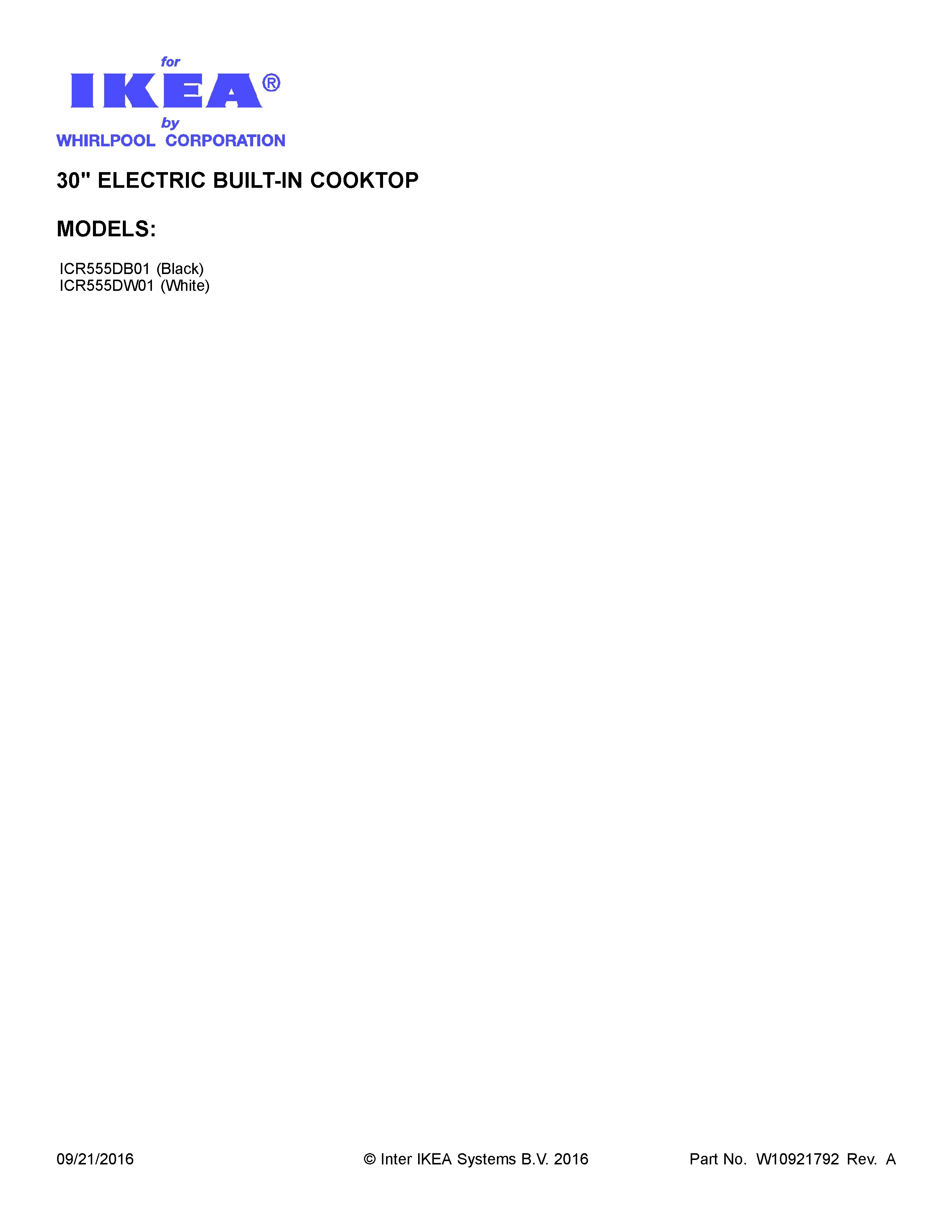 Cover Sheet Diagram and Parts List for ICR555DB01  Whirlpool Cooktop