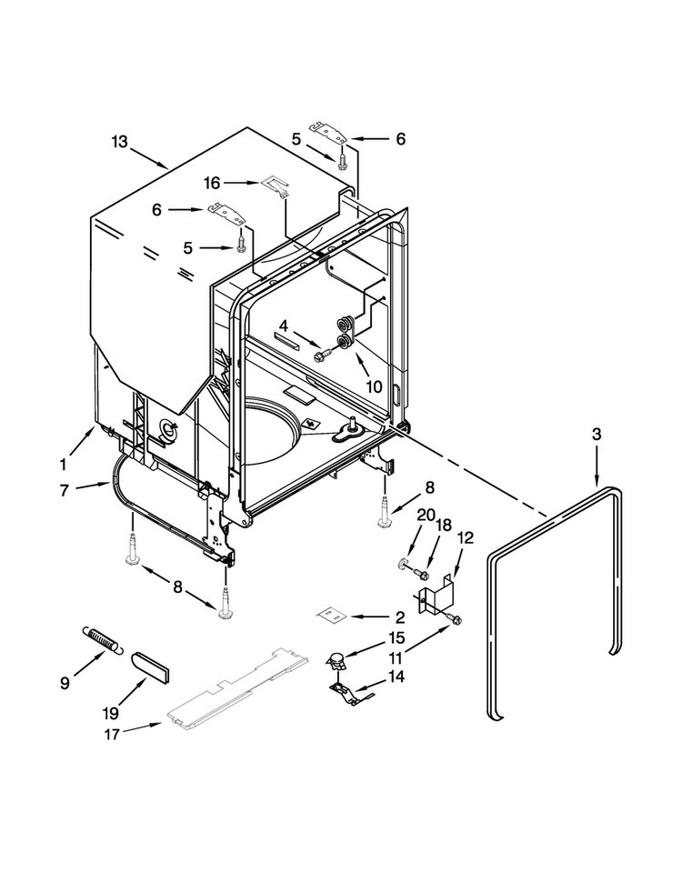 Tub And Frame Parts Diagram and Parts List for WDF540PADB2  Whirlpool Dishwasher