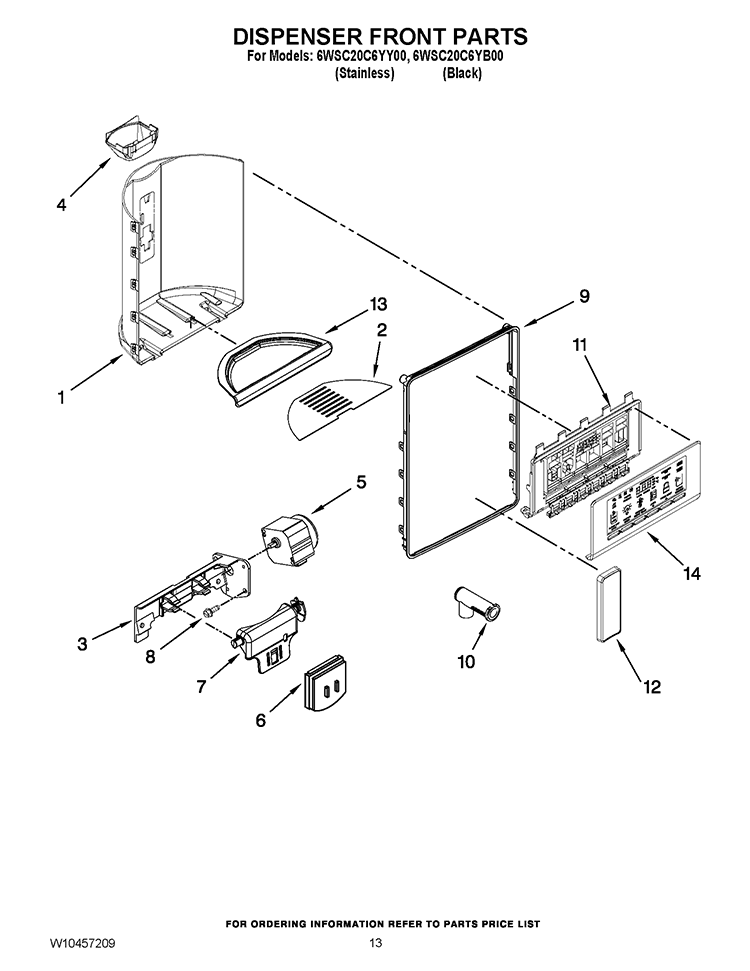 DISPENSER FRONT PARTS Diagram and Parts List for 6WSC20C6YY00  Whirlpool Refrigerator